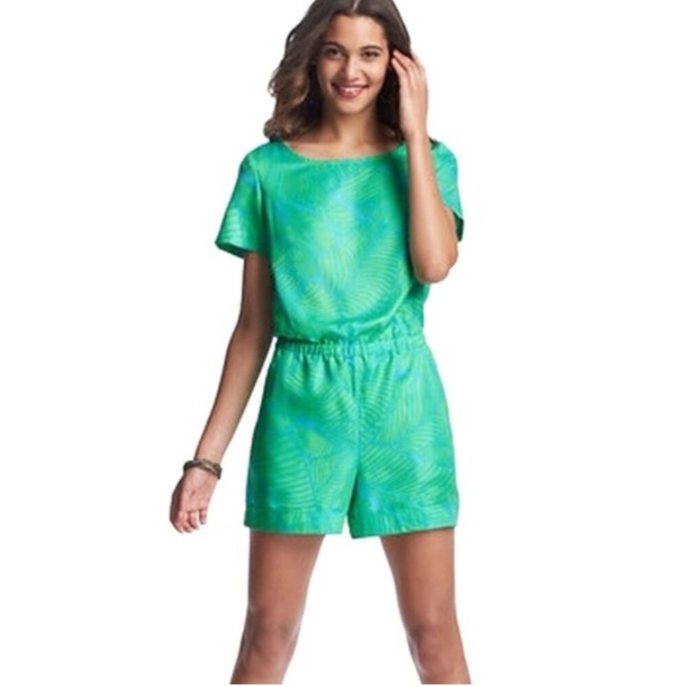 LOFT Blue and Green Palm Leaf Short Sleeve Romper